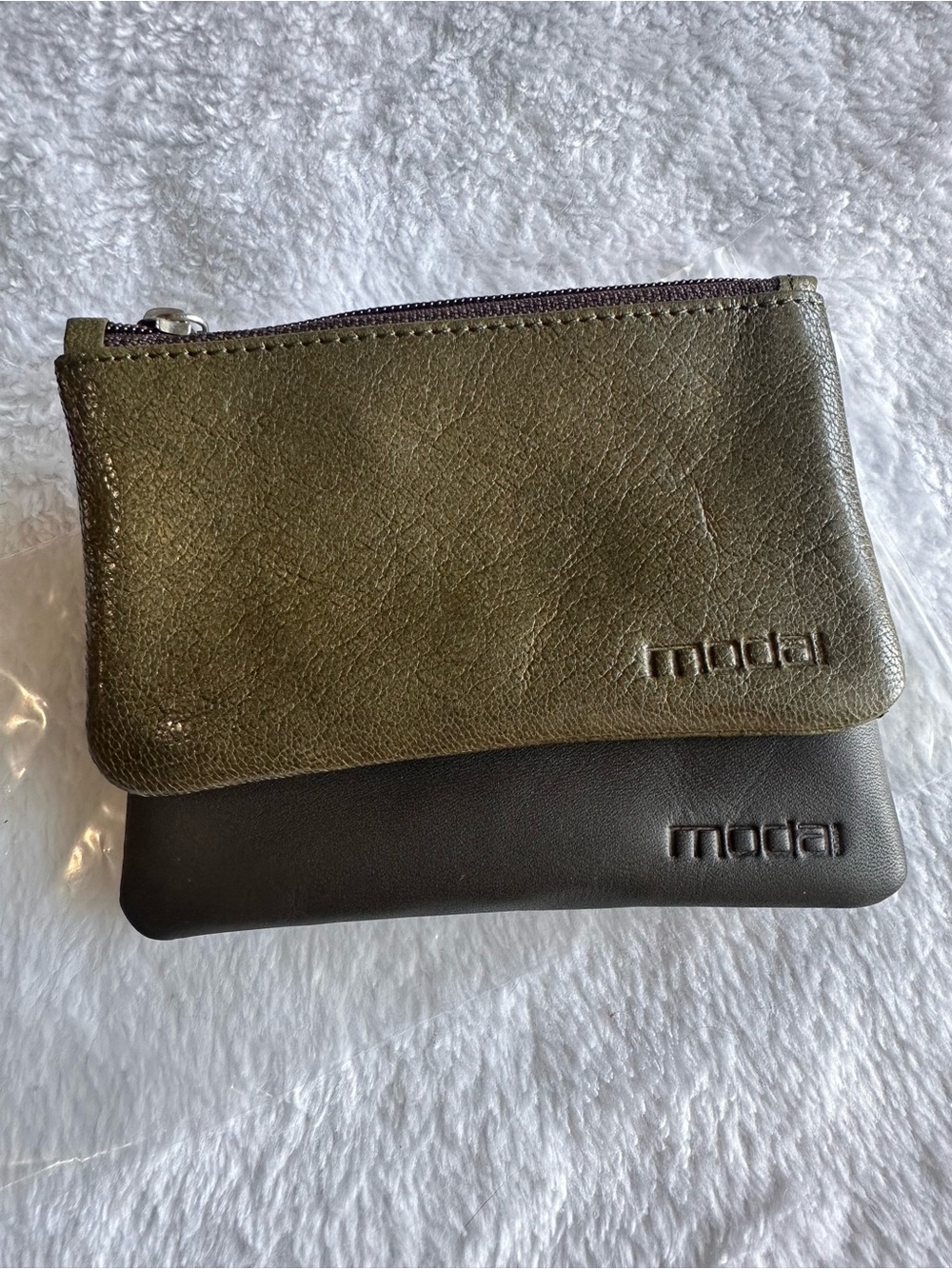 Moda Olive Green and Black Embossed Leather Zip Pouches